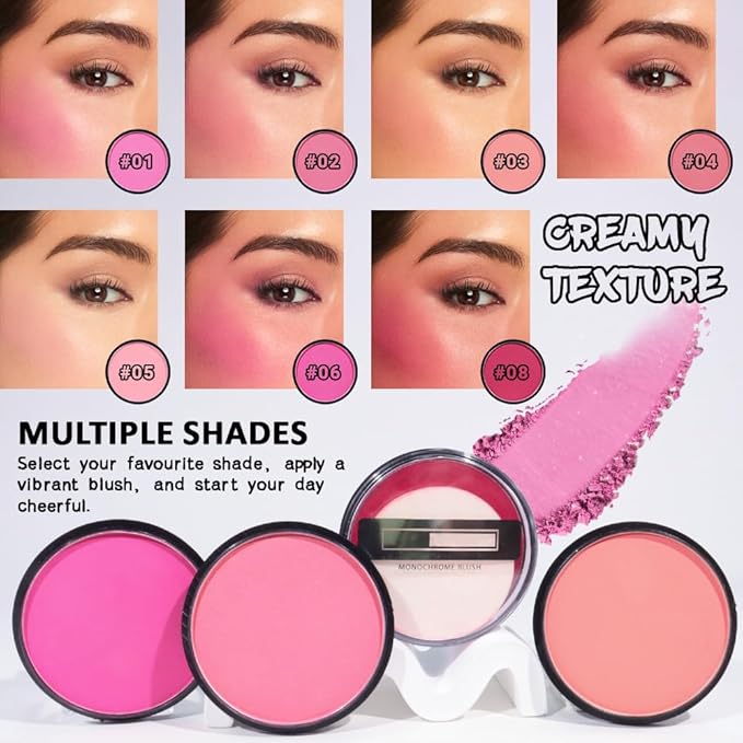Natural Single Matte for Face Cheeks Blush with Makeup Powder Puff, Rose Pink Monochrome Blush Cream Powder Makeup Palette Blushes Long-lasting Color Blendable Foundation for Women Every Day 01