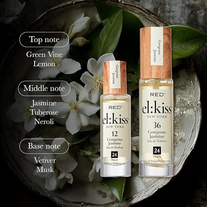 EL:KISS Roll On Perfume, Gorgeous Jasmine Inspired by Guc. Flora Eau de Parfum 12mL (.40 Fl Oz), Hydrating & Long-Lasting, Alcohol-Free & Mineral Oil-Free, Infused With Jojoba, Argan & Coconut Oil