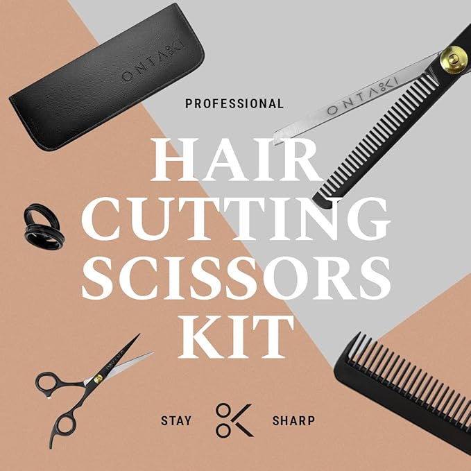 Ontaki Hair Cutting & Thinning Japanese Steel Shears Kit - 7-Inch, Black - Professional Hair Shears - Stainless Steel Thinning Scissors - Barber Scissors Kit with Comb & Pouch