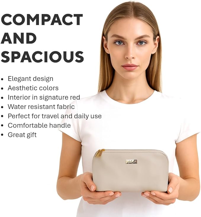 NAORI Travel Makeup Bag for Women | Large Luxury Cosmetic Organizer with Handle & Inner Pockets | Waterproof Leather Toiletry Bag | Makeup Case for Home, Travel & Gifting (Creamy Beige)