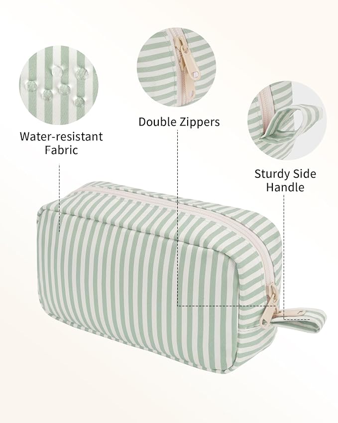 Narwey Small Makeup Bag for Purse Travel Makeup Pouch Mini Cosmetic Bag Zipper Pouch for Women (Mint Green Stripe, Small)