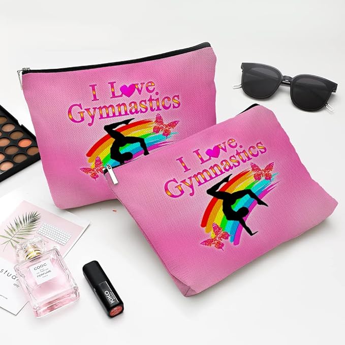 Cute Makeup Bag for Purse Canvas Waterproof Funny Cosmetic Bags for Women Zipper Travel Toiletry Pouch-I Love Gymnastics Makeup Bags-Pink