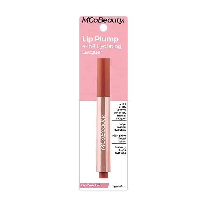 MCoBeauty - Lip Plump 4-in-1 Hydrating Lacquer - Multi-Benefit Lip Color with Shea Butter, Hyaluronic Acid and Click-Pen Format - Lily, Dusty Pink Shade - 2.5ml