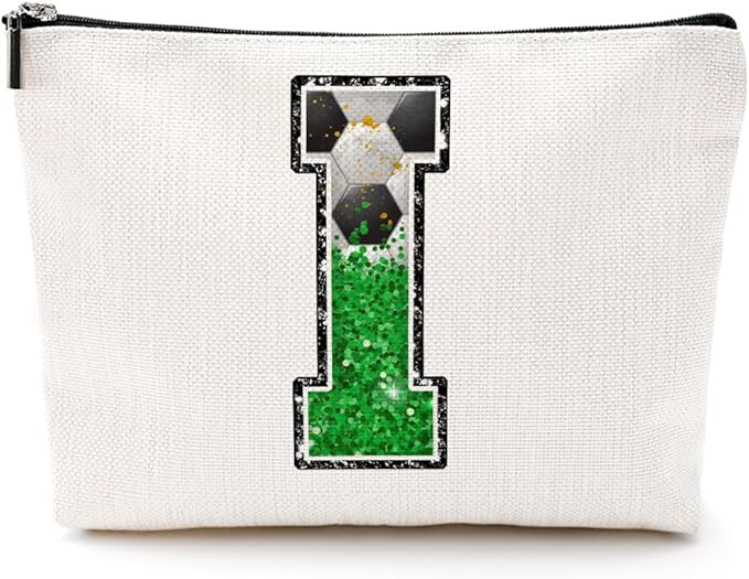 Soccer Gifts Initial Makeup Bag Monogrammed Cosmetic Bag Letter I Zipper Pouch Soccer Accessories for Girls Women Soccer Player Coach Friend Soccer Stuff Graduation Birthday Gifts