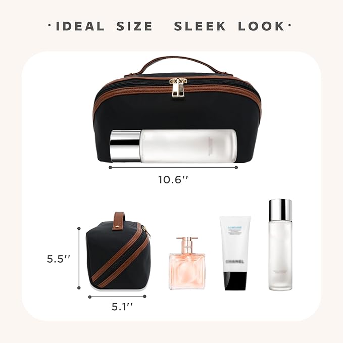 Travel Makeup Bag – Large Cosmetic Organizer with Waterproof Nylon, Smooth Double Zipper & Tear-Resistant Lining, Toiletry Pouch for Women (Black)