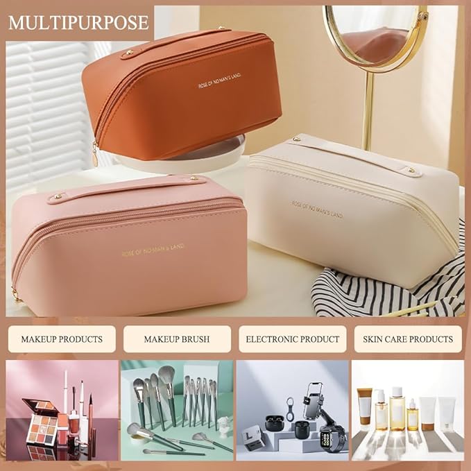 Makeup Bag Cosmetic Bag,Portable Pouch Open Flat Toiletry Bag Make up Organizer with Divider, Handle and small cosmetic bag Travel Essentials (Ivory)