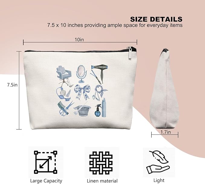 Blue Chinoiserie Bow Hairstylist Makeup Bag, Cosmetology Student Gift for Women, Cute Hairdresser Travel Pouch, Aesthetic Blue Toile Salon Organizer for Teen Girls, 7.5 x 10 in