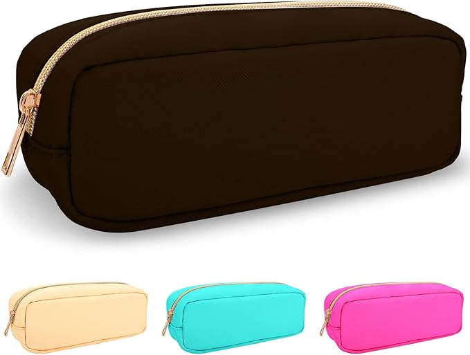 izuzta Nylon Small Makeup Bag Slim Pouch, Preppy Cute Makeup Brush Case Bag Cosmetic Zipper Pouch for Purse, Waterproof Travel Toiletry Bag Clutch Coin Pouch Make Up Organizer for Women(Brown)