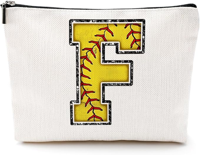 Initial Makeup Bag Monogrammed Cosmetic Bag Yellow Letter F Zipper Pouch Softball Accessories for Girls Women Player Coach Friend Graduation Birthday Gifts