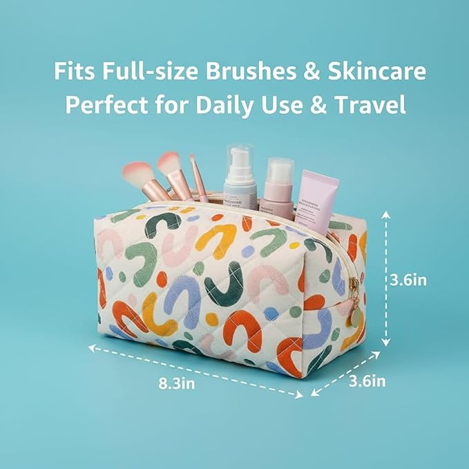 Floral Cotton Makeup Brush Cosmetic Bag for Women, Travel Quilted Zipper Pouch, Large Capacity Flowers Toiletry Organizer, Kawaii Makeup Storage Case, Cosmetic Travel Cloth Bag-Colorful