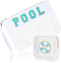 2 Pcs Pool Bag Cosmetic Makeup Bag with Chenille Letter Patch, Clear Pouch PVC Organizer Purse, Waterproof Travel Beach Bag, Portable Toiletry Storage Bag