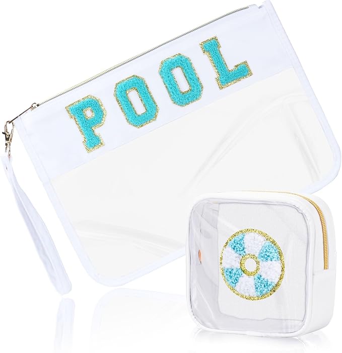 2 Pcs Pool Bag Cosmetic Makeup Bag with Chenille Letter Patch, Clear Pouch PVC Organizer Purse, Waterproof Travel Beach Bag, Portable Toiletry Storage Bag