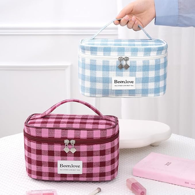 FAELBATY Checkered Makeup Bag, 3 Pack Large Travel Makeup Bag Set, Cosmetic Bag for Women (Blue)