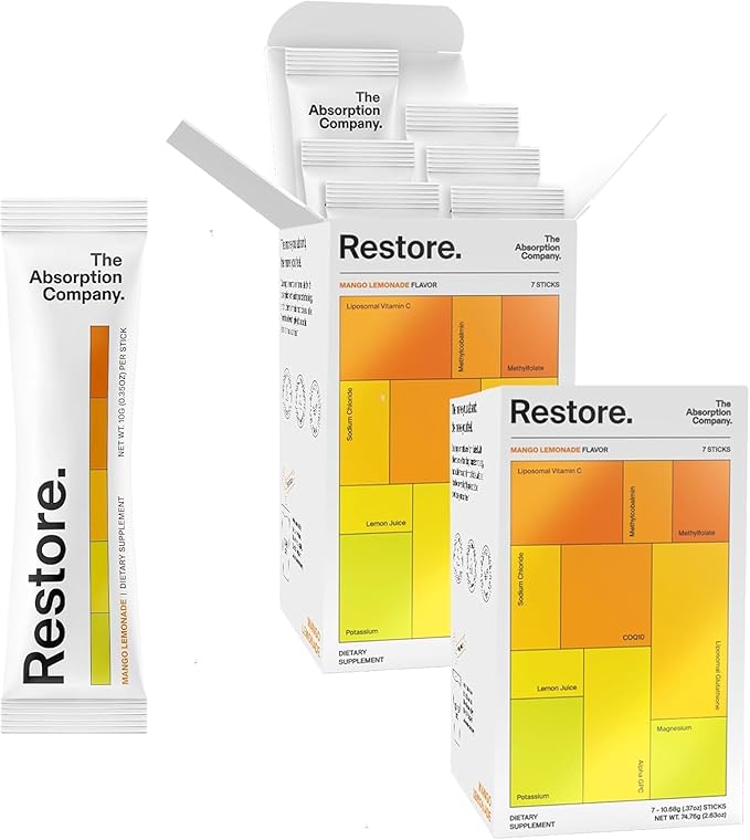 The Absorption Company Electrolyte Powder Packets - Workout Recovery & Hydration Drink Mix with Liposomal Glutathione, Vitamin C & Methylated B Vitamins - Mango Lemonade (14 Sticks)