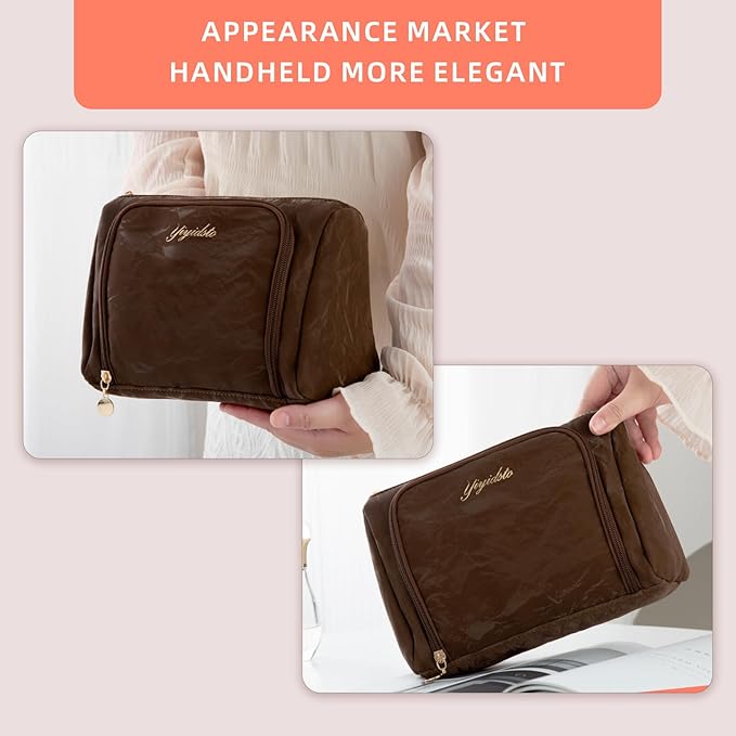Cosmetic Bag Travel Makeup Bag Large Capacity Small Travel Zipper Pouch Makeup Organizer Bag for Women (Brown-2 Pack)