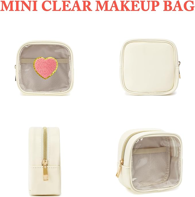 Clear Makeup Bag with 2 Cute Chenille patterns - Waterproof PU Leather Cosmetic Case, Mini Personalized Toiletry Pouch for Women & Teens, ideal for Travel & Gift