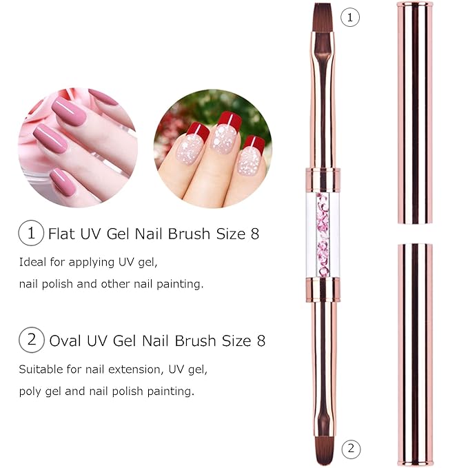 2Pcs Dual-ended UV Gel Nail Brush Set Rhinestone Handle Nail Art Design Brushes Professional Nail Tools Rose Gold