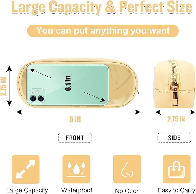 Nylon Slim Makeup Bag, Cute Preppy Cosmetic Zipper Pouch, Travel Toiletry Bag Clutch Coin Pouch for Women Girls (Beige)