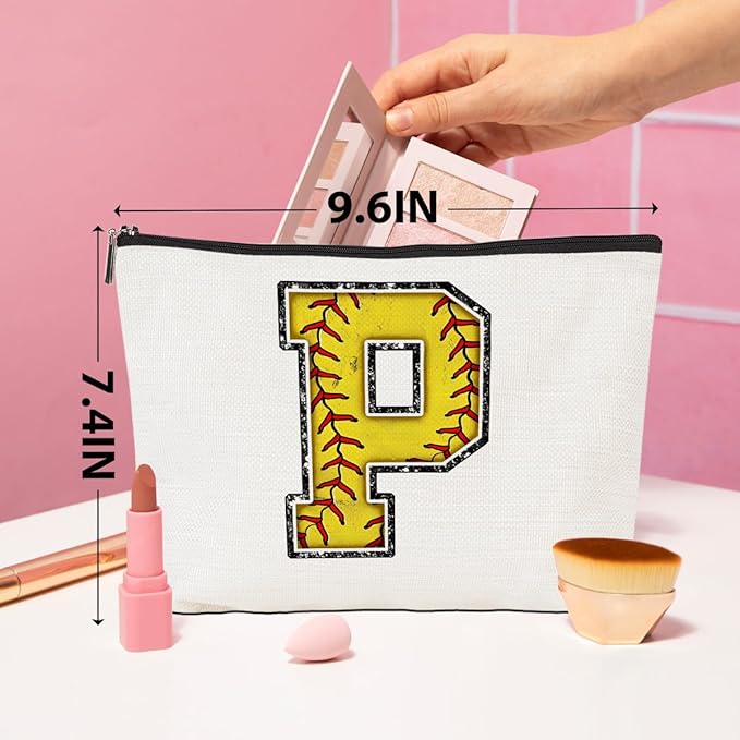 Softball Gifts Initial Monogrammed Cosmetic Bag Yellow Letter P Zipper Pouch for Girls Women Softball Player Coach Friend Graduation Birthday Gifts