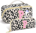 Personalized Travel Makeup Bag Set,Initial Travel Cute Leopard Makeup Organizer Bag,Toiletry Skincare Cosmetic Bag,Christmas Gifts for Women/Girls,Open Flat Toiletry Pouch with Brush Pocket-P