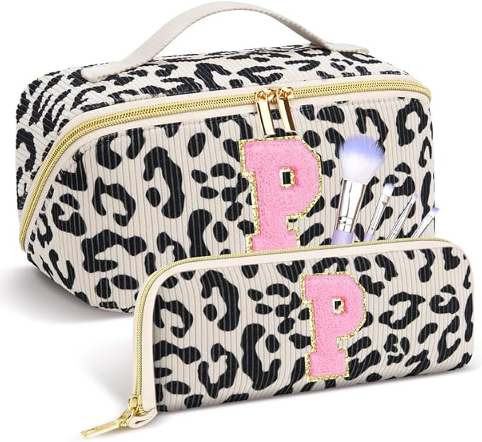 Personalized Travel Makeup Bag Set,Initial Travel Cute Leopard Makeup Organizer Bag,Toiletry Skincare Cosmetic Bag,Christmas Gifts for Women/Girls,Open Flat Toiletry Pouch with Brush Pocket-P