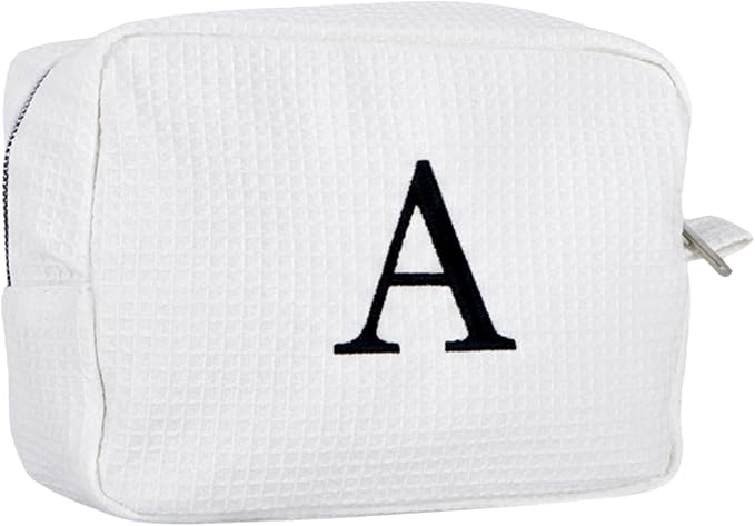 Personalized White Waffle Makeup Bag,Custom Embroidered Initial Cosmetic Pouch for Women,Monogrammed Cosmetic Case,Bridesmaid Gifts (A)