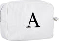 Personalized White Waffle Makeup Bag,Custom Embroidered Initial Cosmetic Pouch for Women,Monogrammed Cosmetic Case,Bridesmaid Gifts (A)