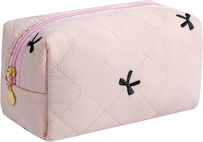 JOVAKIT Square Makeup Bag Cute Cosmetic Bag for Women, Floral Coquette Aesthetic Toiletry Bag, Zipper Make Up Pouch, Travel Make Up Organizer Bag (Pink)