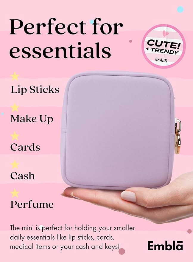 Embla Makeup Bag Travel Cosmetics Pouch and Toiletry Bag, Nylon Zipper Pouch Purse, Cute Make Up Organizer Storage Tote for Women Girls, Waterproof Travel Skincare Case, Small Makeup Bags, Lilac