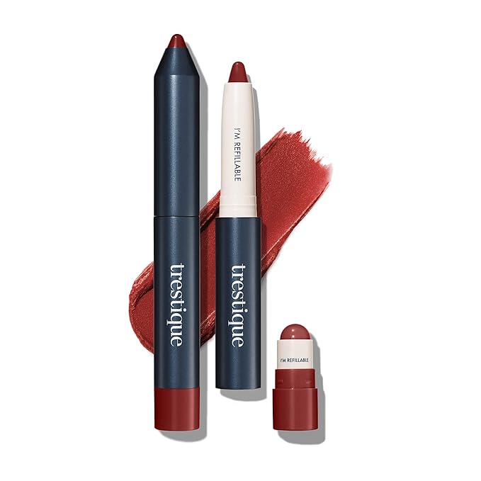 TRE'STIQUE Matte Lip Crayon, Matte Lipstick With Built-in Lip Gloss Balm, 2-in-1 Lip Liner Set With Lip Crayon and Lip Balm, Lipstick and Lip Gloss Kit (Tuscan Wine Refillable)