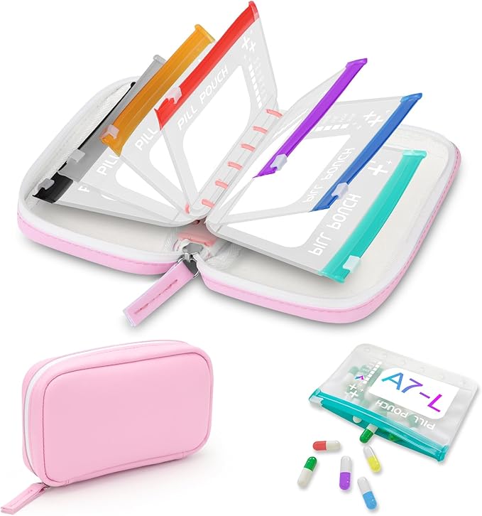 A7-L Timueetech Water-Proof Pill Pouch Set, BPA Free, A7-L Pill Loose-Leaf Storage with Color-Coded Medicine Pouches, Large Reusable Travel Medicine Organizer， Zippered Pill Organizers Weekly