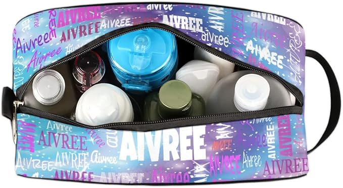 Personalized Travel Cosmetic Bag Waterproof Makeup Bags, Custom Name Purple Blue Galaxy Organizer Case Toiletries Container Bag