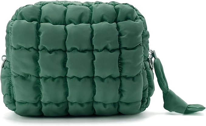 Puffy Quilted Makeup Bag Small Puffer Bag Cosmetic Bags Travel Toiletry Purse for Women, Cute Organizer Pouch, Green