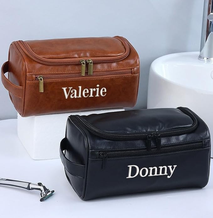 Personalized Embroidery PU Leather Travel Toiletry Bag for Men,Stylish Travel Organizer for Travel, Wedding Gift,Customized Monogram Travel Shaving Dopp Kit for Groomsmen (Black)