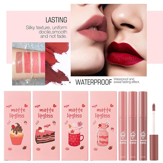 3Pcs Nude Matte Lipstick Set, Ice Cream Velvet Smooth Matte Lip Gloss, 24 Hour Natural Long Lasting & Nourishing Lip Glaze Non-stick Cup for Women Makeup (Set C)