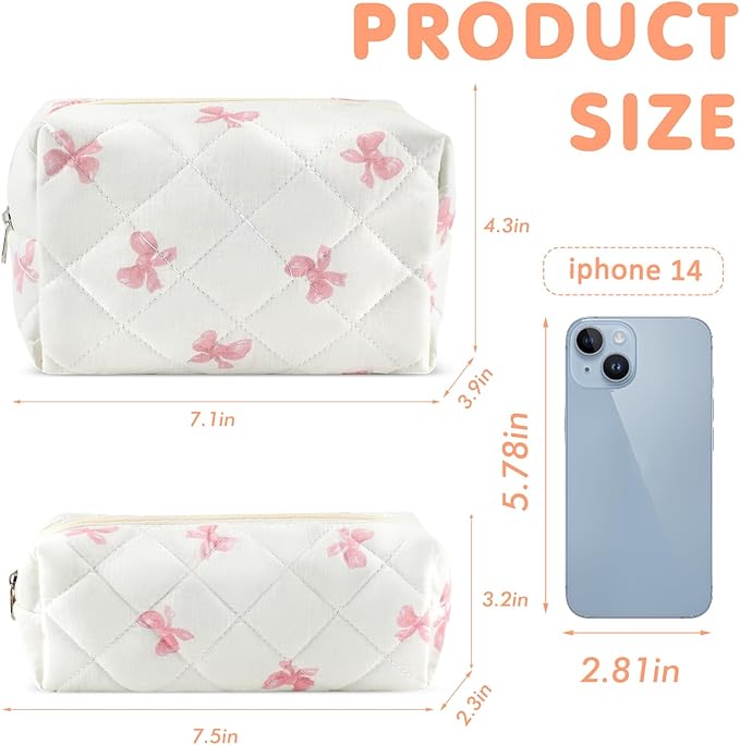 2Pcs Cotton Quilted Makeup Bag for Women Small Coquette Cosmetic Bags Cute Zipper Pink Bow Makeup Pouch Aesthetic Portable Pencil Case Travel Toiletry Bag Trendy Cloth Skincare Bags