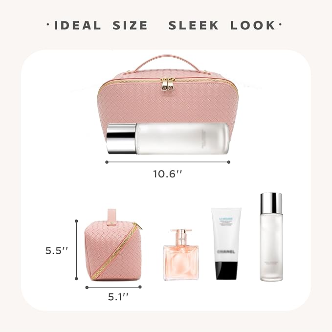 Travel Makeup Bag – Large Cosmetic Organizer with Waterproof PU Leather, Smooth Double Zipper & Tear-Resistant Lining, Toiletry Pouch for Women (Pink)