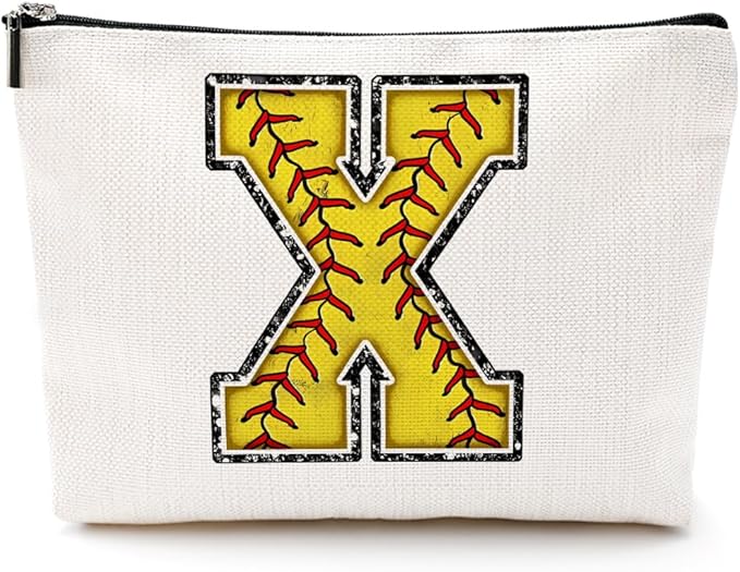Softball Gifts Initial Makeup Bag Monogrammed Cosmetic Bag Letter X Zipper Pouch Softball Accessories for Girls Women Softballs Player Coach Friend Softballs Stuff Graduation Birthday Gifts