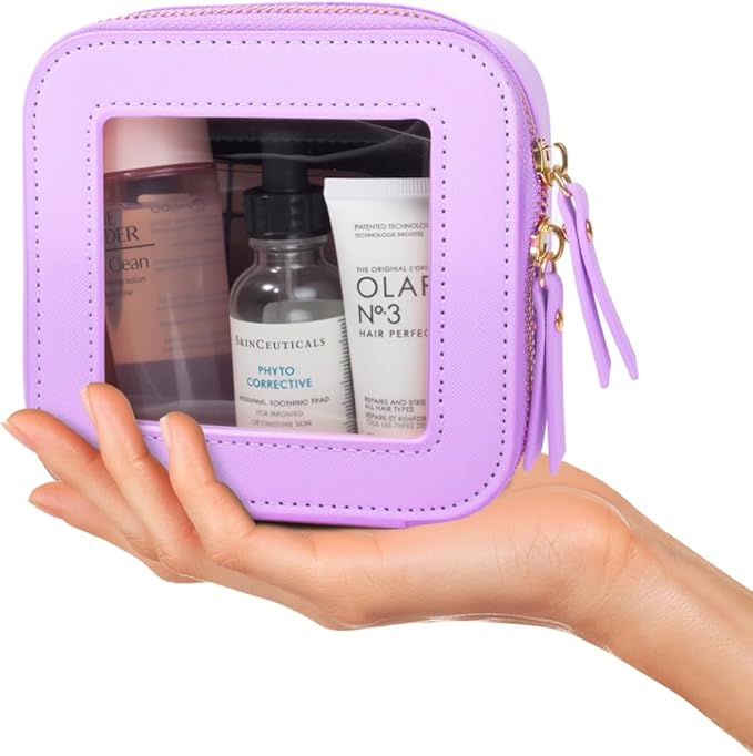 KOTORA Small Makeup Bag for Purse Cute Travel Makeup Bag Clear Cosmetic Bag with Zipper, Car Make Up Bag Organizer Storage Traveling Car Accessories Travel Essentials for Women (Mini Purple)