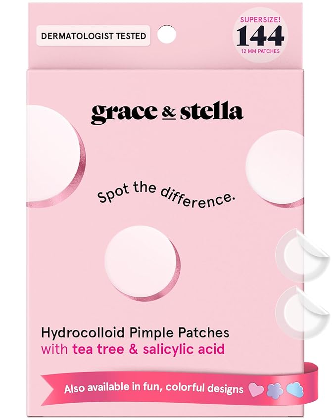 grace & stella Award Winning Pimple Patches for Face - Dermatologist Tested Acne Patches - Hydrocolloid Patch for Breakouts, Whiteheads - Vegan Acne Spot Treatment for Face (Invisible, 144 Count)