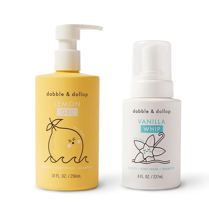 Dabble & Dollop Lemon + Vanilla Body Wash & Shampoo – 3-in-1 Natural Bubble Bath for Kids, No Parabens or Sulfates, Vegan, Gluten-Free, Tear-Free (2-Pack)