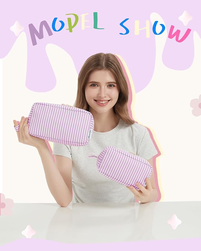 Narwey Cute Makeup Bag Small Toiletry Bag Travel Cosmetic Bag Organizer Make Up Bags with Organized Pockets for Women (Purple Stripe, Large)