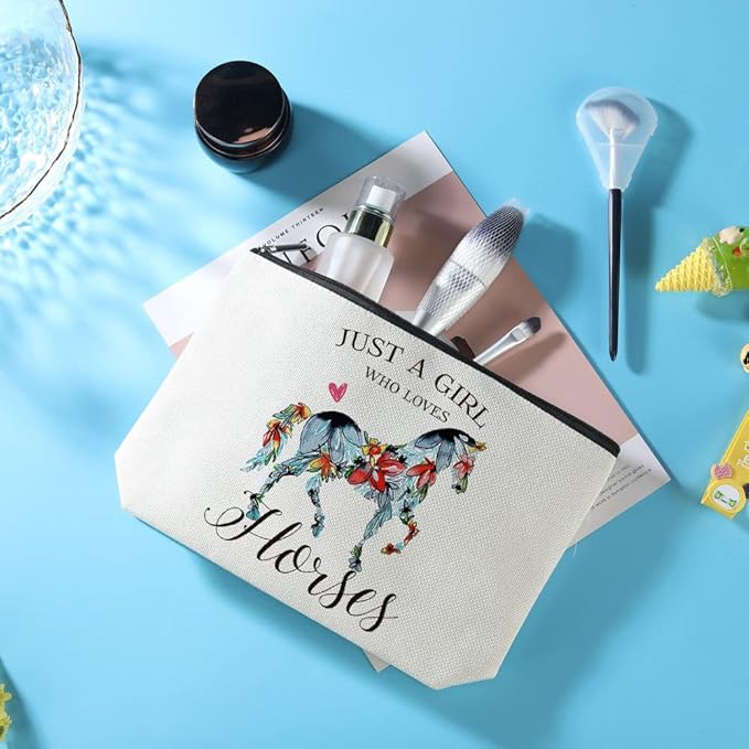 Azteoiz Horses Gifts Girls Horse Cosmetic Bag and 5 Piece Stickers Just a Horses-loving Girl Cowgirl Equestrian Travel Bag Cosmetic Bag Gifts Horse Cosmetic Bag Horseshoe Horse Gifts for Girls