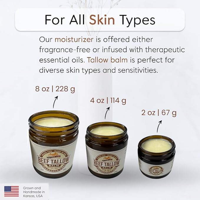 Grass Fed Beef Tallow Balm - 2 oz - Grown and Made in USA - Organic Grass Fed and Finished Tallow - Moisturizing Skin Care Fragrance Free