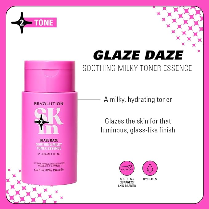 Revolution Skin, Glaze Daze Ceramide Soothing Milky Toner Essence, Facial Toner with Ceremides, Soothes & Calms Skin, Vegan & Cruelty-Free, 11.69 fl oz