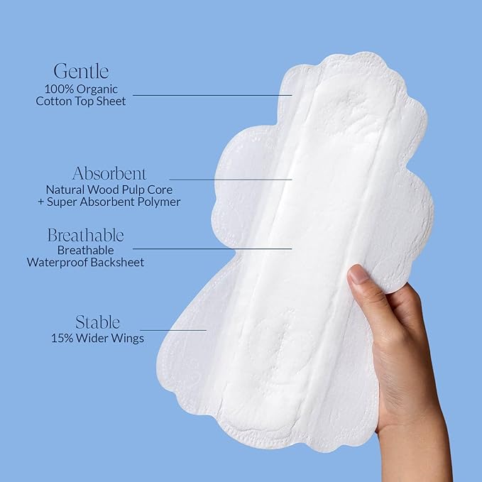 100% Large Organic Pads for Women, Ultra Thin Heavy Flow Sanitary Napkins with Wings, Unscented Cotton Pads, Super Absorbency Feminine Extra Coverage Menstrual Period Pad (Large, Size 4, 48ct)