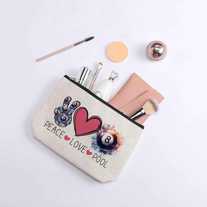 Billiards Gifts Billiards Lover Gifts Billiards Cosmetic Makeup Bag Pool Player Gift Cue Sports Merchandise Peace Love Lucky 8 Pool Travel Toiletry Makeup Organizer Zipper Pouch