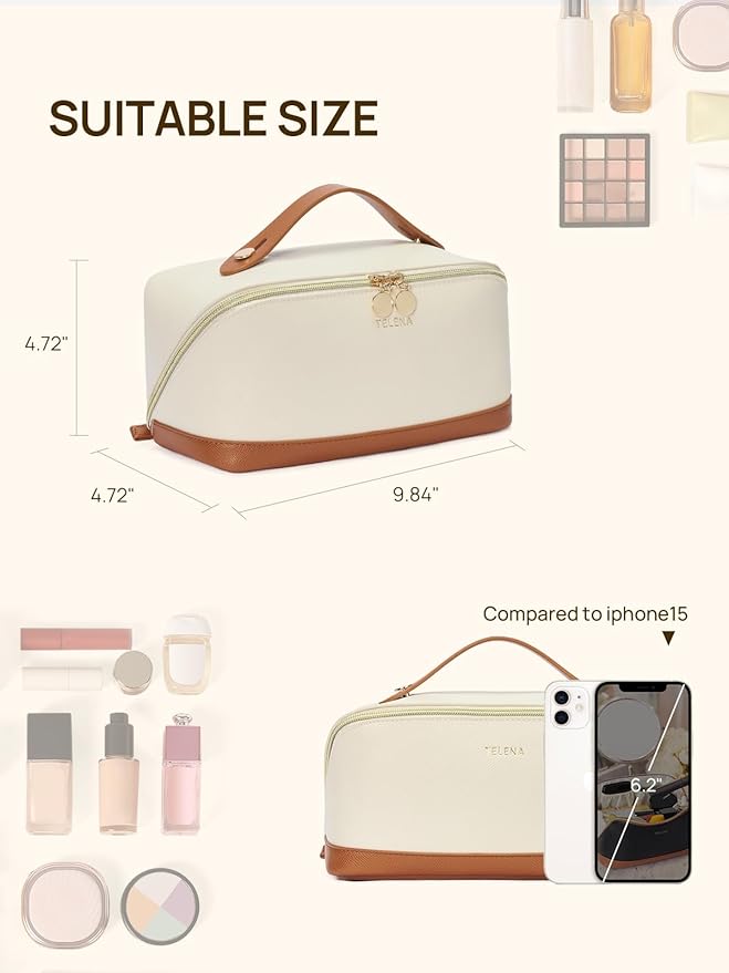 Telena Leather Make Up Bag Portable Travel Makeup Bag Waterproof Cosmetic Bags for Women Large Capacity With Handle and Divider Open Flat