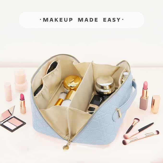 Travel Makeup Bag – Large Cosmetic Organizer with Waterproof PU Leather, Smooth Double Zipper & Tear-Resistant Lining, Toiletry Pouch for Women (Ice)