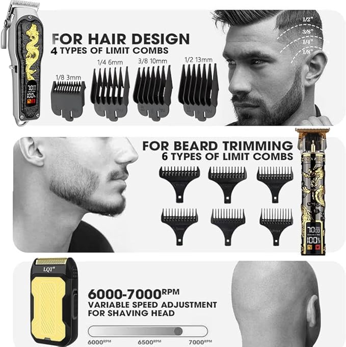 Hair Clippers 3-Piece Men's Professional Cordless Haircutting Set with LED Display, Trimmer, Shaver, Beard Clipper - Gift for Man